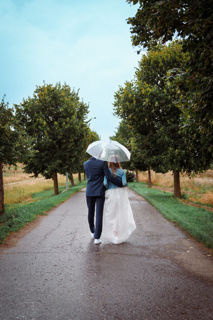Wedding couple, on the road, newlyweds
