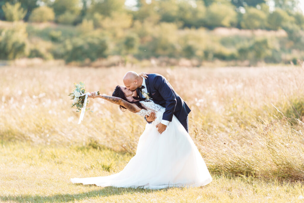 Kiss, Newlyweds, Wedding couple, field, golden hour